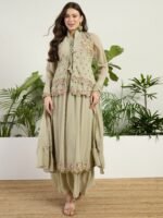 Green Embroidered Faux Georgette Flared Gown with Jacket and Dupatta