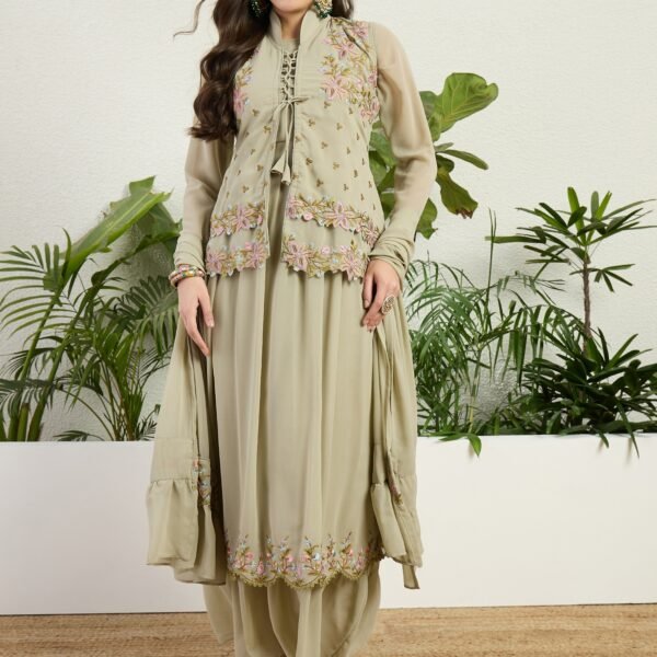 Green Embroidered Faux Georgette Flared Gown with Jacket and Dupatta