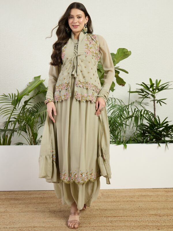 Green Embroidered Faux Georgette Flared Gown with Jacket and Dupatta