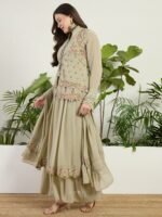 Green Embroidered Faux Georgette Flared Gown with Jacket and Dupatta