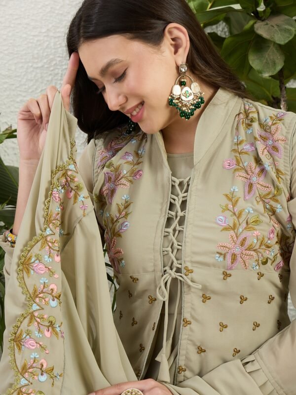 Green Embroidered Faux Georgette Flared Gown with Jacket and Dupatta