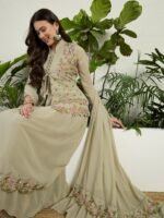 Green Embroidered Faux Georgette Flared Gown with Jacket and Dupatta