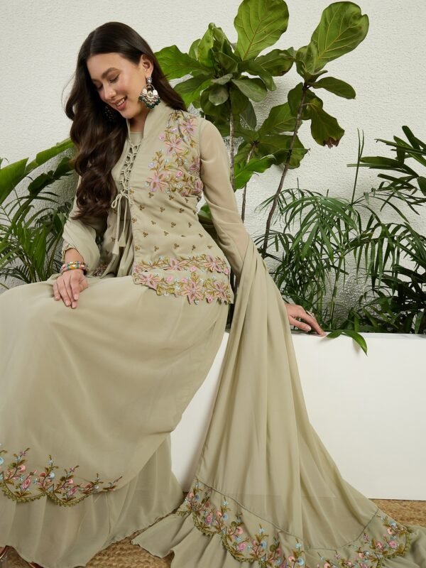 Green Embroidered Faux Georgette Flared Gown with Jacket and Dupatta