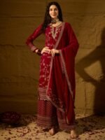 Women's Maroon Embroidered Faux Georgette Kurta Palazzo Set with Dupatta