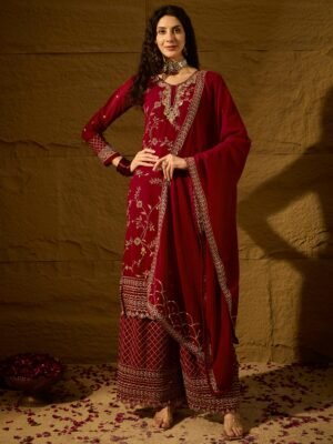 Women's Maroon Embroidered Faux Georgette Kurta Palazzo Set with Dupatta