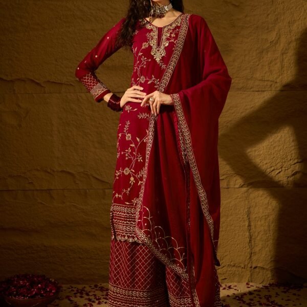 Women's Maroon Embroidered Faux Georgette Kurta Palazzo Set with Dupatta
