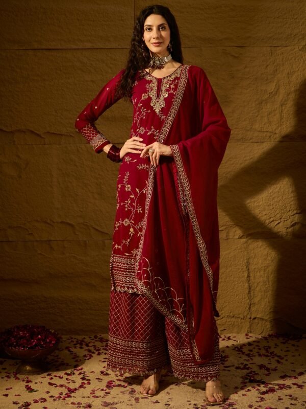 Women's Maroon Embroidered Faux Georgette Kurta Palazzo Set with Dupatta