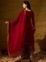 Women's Maroon Embroidered Faux Georgette Kurta Palazzo Set with Dupatta