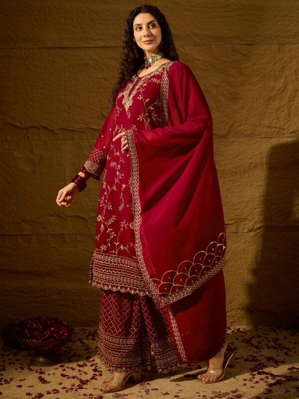 Women's Maroon Embroidered Faux Georgette Kurta Palazzo Set with Dupatta