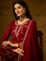 Women's Maroon Embroidered Faux Georgette Kurta Palazzo Set with Dupatta