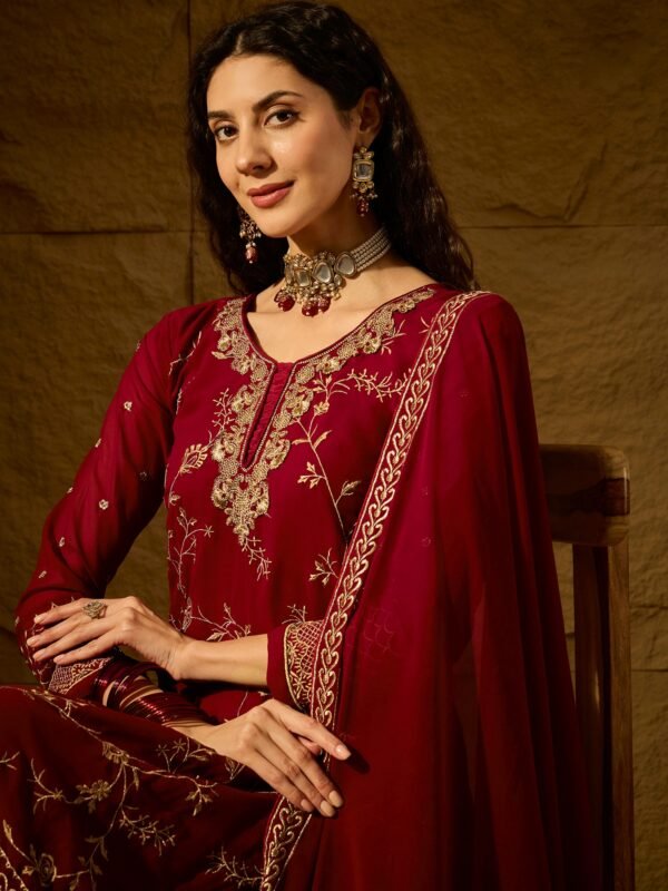 Women's Maroon Embroidered Faux Georgette Kurta Palazzo Set with Dupatta