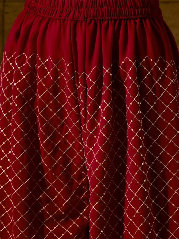 Women's Maroon Embroidered Faux Georgette Kurta Palazzo Set with Dupatta