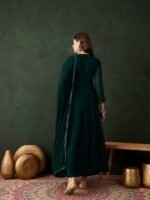 Elegant Green Embroidered Anarkali Gown with V Neck & Lace Dupatta
