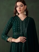 Elegant Green Embroidered Anarkali Gown with V Neck & Lace Dupatta