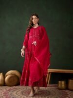 Elegant Green Embroidered Anarkali Gown with V Neck & Lace Dupatta