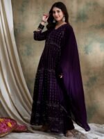 Elegant Green Embroidered Anarkali Gown with V Neck & Lace Dupatta