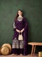 Women's Purple Embroidered Faux Georgette Kurta Sharara Set with Dupatta