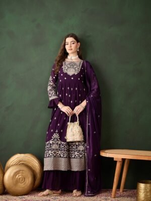 Women's Purple Embroidered Faux Georgette Kurta Sharara Set with Dupatta
