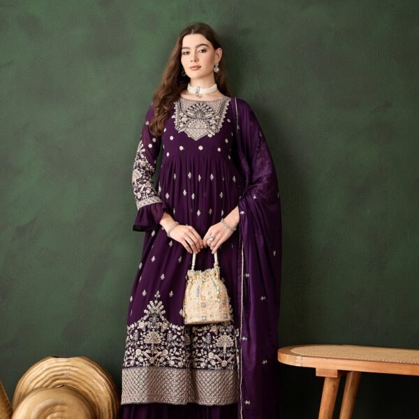 Women's Purple Embroidered Faux Georgette Kurta Sharara Set with Dupatta