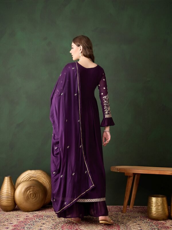 Women's Purple Embroidered Faux Georgette Kurta Sharara Set with Dupatta