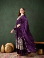Women's Purple Embroidered Faux Georgette Kurta Sharara Set with Dupatta