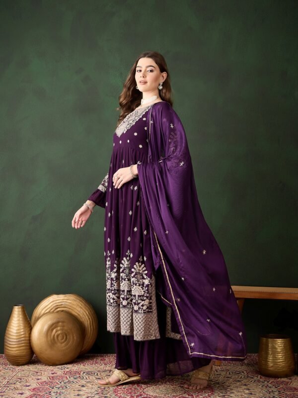 Women's Purple Embroidered Faux Georgette Kurta Sharara Set with Dupatta