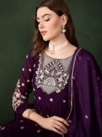 Women's Purple Embroidered Faux Georgette Kurta Sharara Set with Dupatta