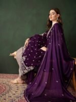 Women's Purple Embroidered Faux Georgette Kurta Sharara Set with Dupatta