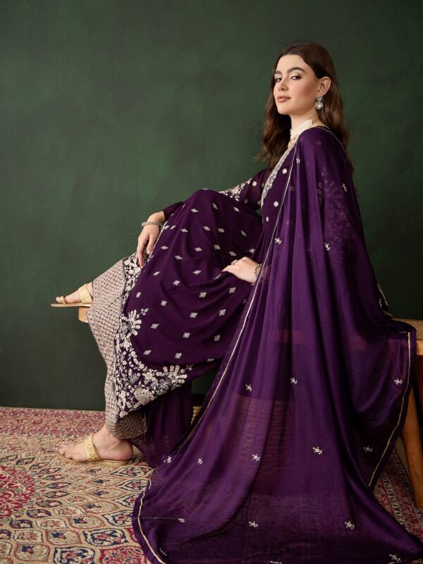 Women's Purple Embroidered Faux Georgette Kurta Sharara Set with Dupatta