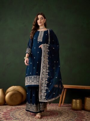 Radiant Rama Embroidered Faux Georgette Kurta Sharara Set with Dupatta
