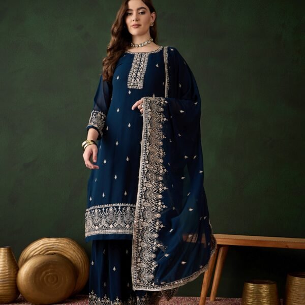 Radiant Rama Embroidered Faux Georgette Kurta Sharara Set with Dupatta