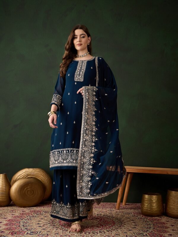Radiant Rama Embroidered Faux Georgette Kurta Sharara Set with Dupatta