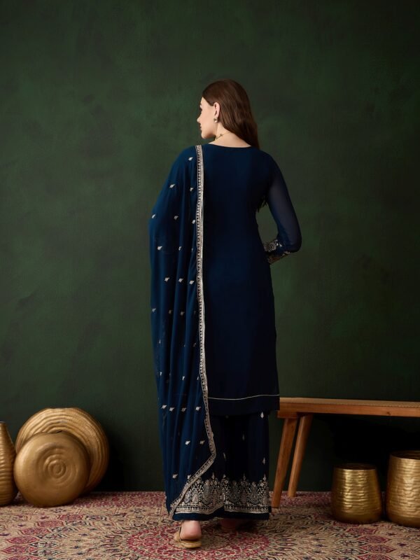 Radiant Rama Embroidered Faux Georgette Kurta Sharara Set with Dupatta