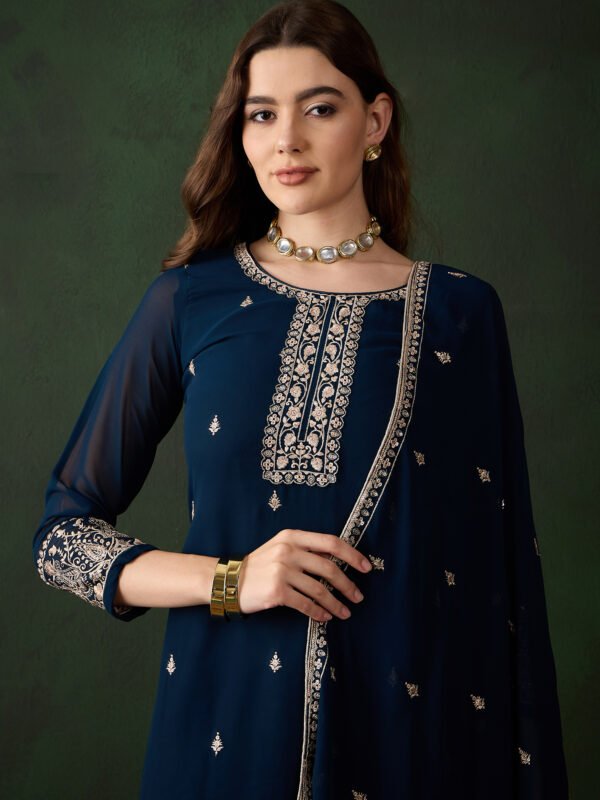 Radiant Rama Embroidered Faux Georgette Kurta Sharara Set with Dupatta