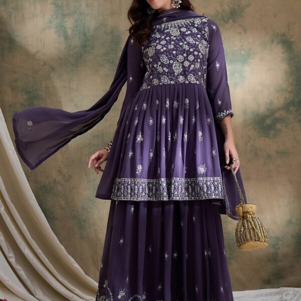 Enchanting Purple Embroidered Faux Georgette Lehenga Kurta Set with Dupatta