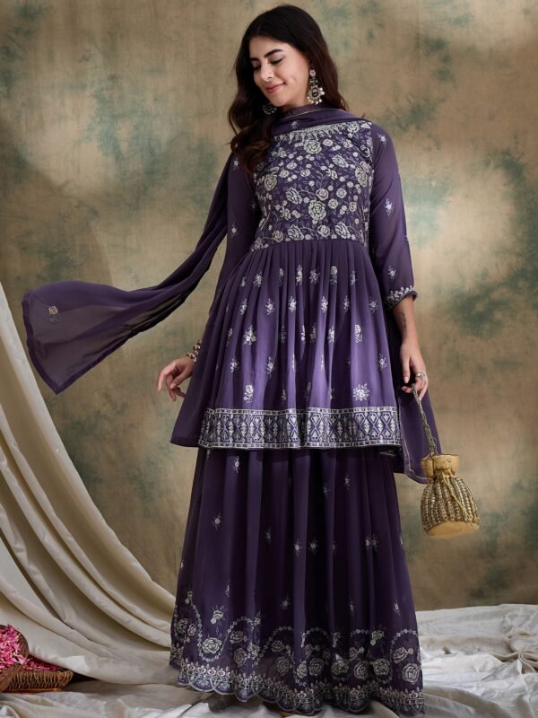 Enchanting Purple Embroidered Faux Georgette Lehenga Kurta Set with Dupatta
