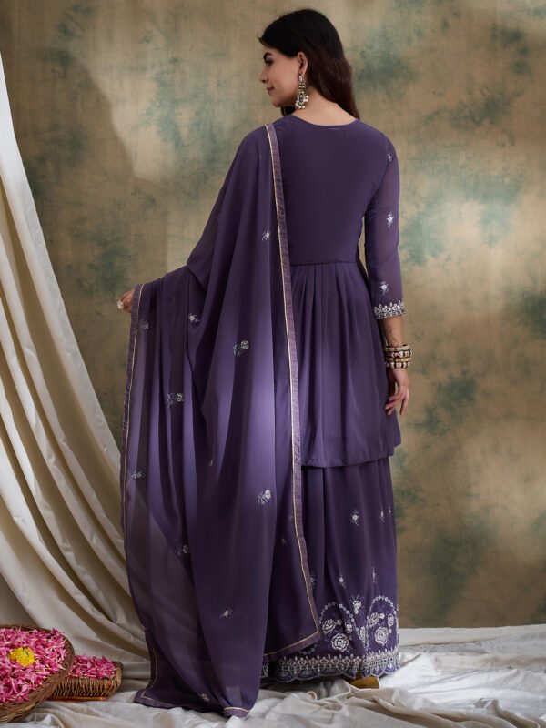 Enchanting Purple Embroidered Faux Georgette Lehenga Kurta Set with Dupatta