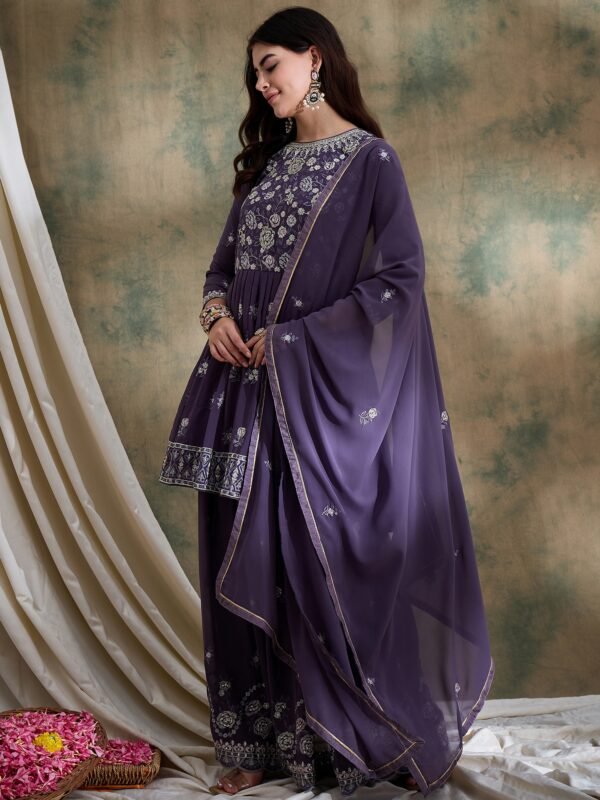 Enchanting Purple Embroidered Faux Georgette Lehenga Kurta Set with Dupatta