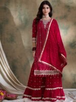 Elegant Pink Embroidered Faux Georgette Kurta Sharara Set with Dupatta