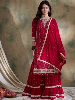 Elegant Pink Embroidered Faux Georgette Kurta Sharara Set with Dupatta