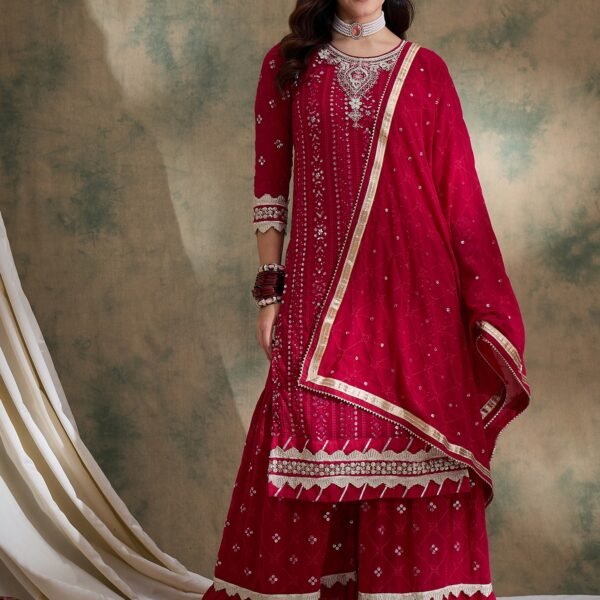 Elegant Pink Embroidered Faux Georgette Kurta Sharara Set with Dupatta
