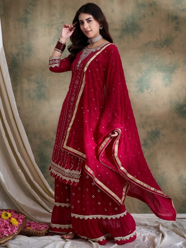 Elegant Pink Embroidered Faux Georgette Kurta Sharara Set with Dupatta