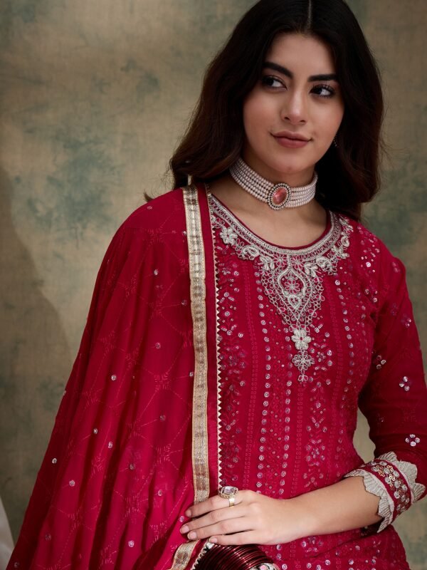 Elegant Pink Embroidered Faux Georgette Kurta Sharara Set with Dupatta