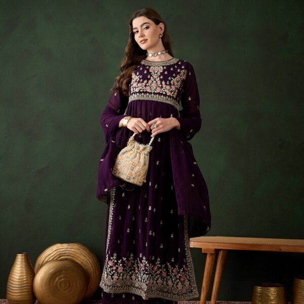 Elegant Deep Purple Embroidered Nayra Cut Kurta Palazzo Set