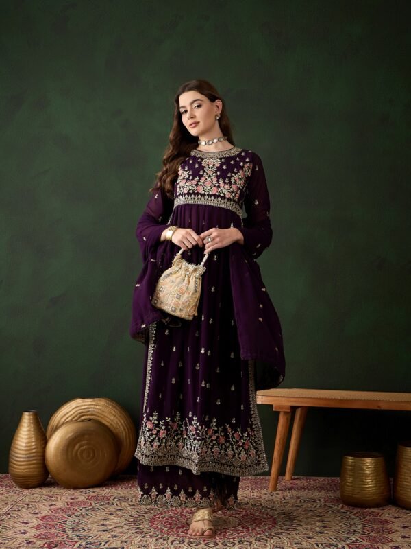Elegant Deep Purple Embroidered Nayra Cut Kurta Palazzo Set