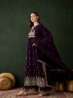 Elegant Deep Purple Embroidered Nayra Cut Kurta Palazzo Set