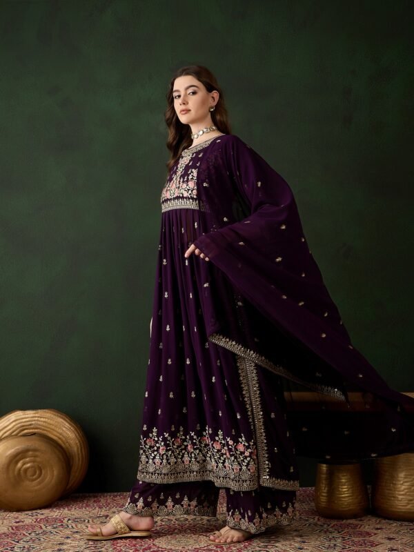 Elegant Deep Purple Embroidered Nayra Cut Kurta Palazzo Set