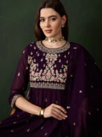 Elegant Deep Purple Embroidered Nayra Cut Kurta Palazzo Set