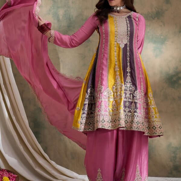 Charming Pink Embroidered Flared Top Kurta Palazzo Set with Round Neck & Regular Sleeves