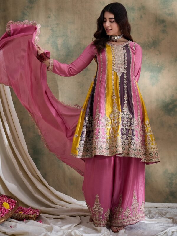 Charming Pink Embroidered Flared Top Kurta Palazzo Set with Round Neck & Regular Sleeves